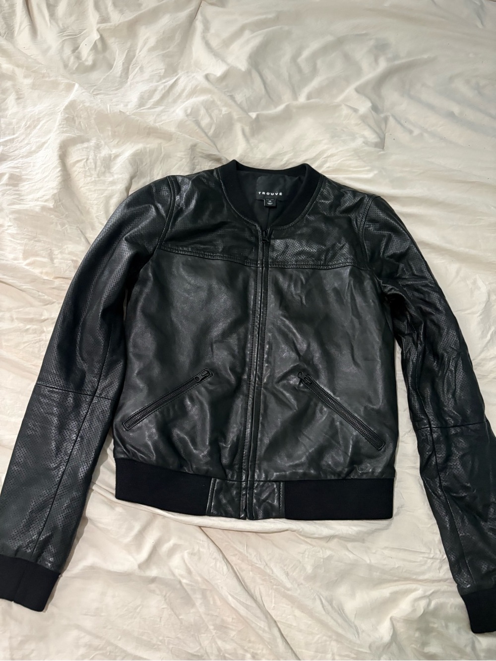 Trouve Black Leather Bomber Jacket with Ribbed Hem